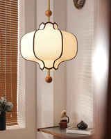 Modern Fabric Lantern Houselight Pendant Lamp with Walnut Wood Trim and White Shade