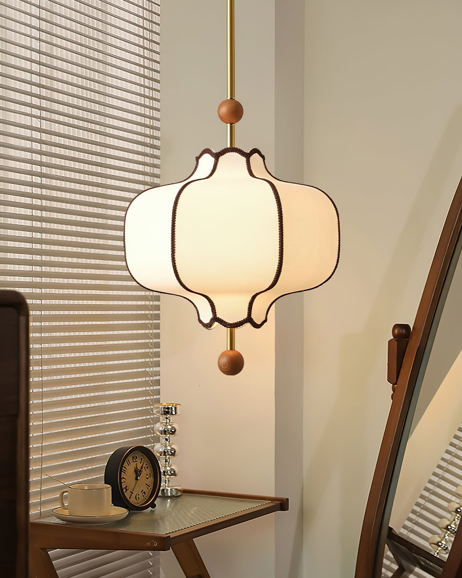 Modern Fabric Lantern Houselight Pendant Lamp with Walnut Wood Trim and White Shade