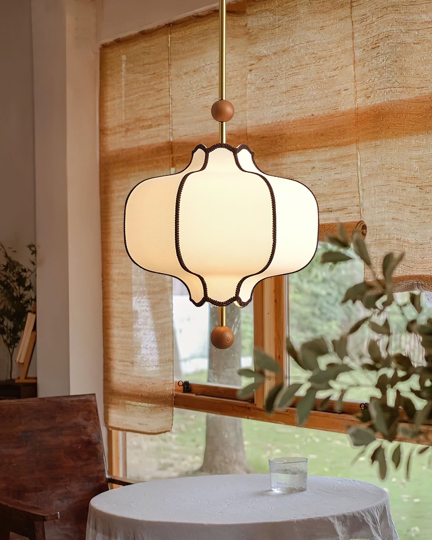 Modern Fabric Lantern Houselight Pendant Lamp with Walnut Wood Trim and White Shade