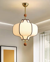 Modern Fabric Lantern Houselight Pendant Lamp with Walnut Wood Trim and White Shade
