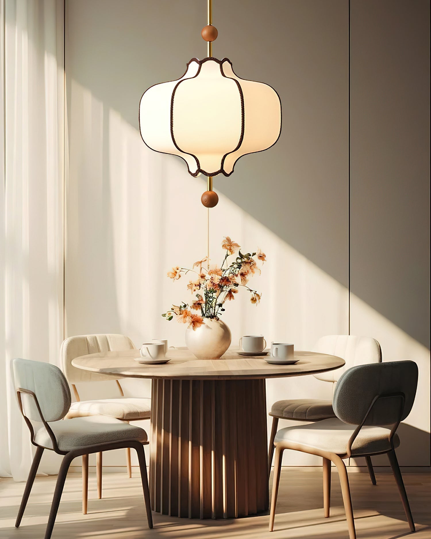 Modern Fabric Lantern Houselight Pendant Lamp with Walnut Wood Trim and White Shade