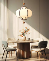 Modern Fabric Lantern Houselight Pendant Lamp with Walnut Wood Trim and White Shade