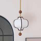 Modern Fabric Lantern Houselight Pendant Lamp with Walnut Wood Trim and White Shade