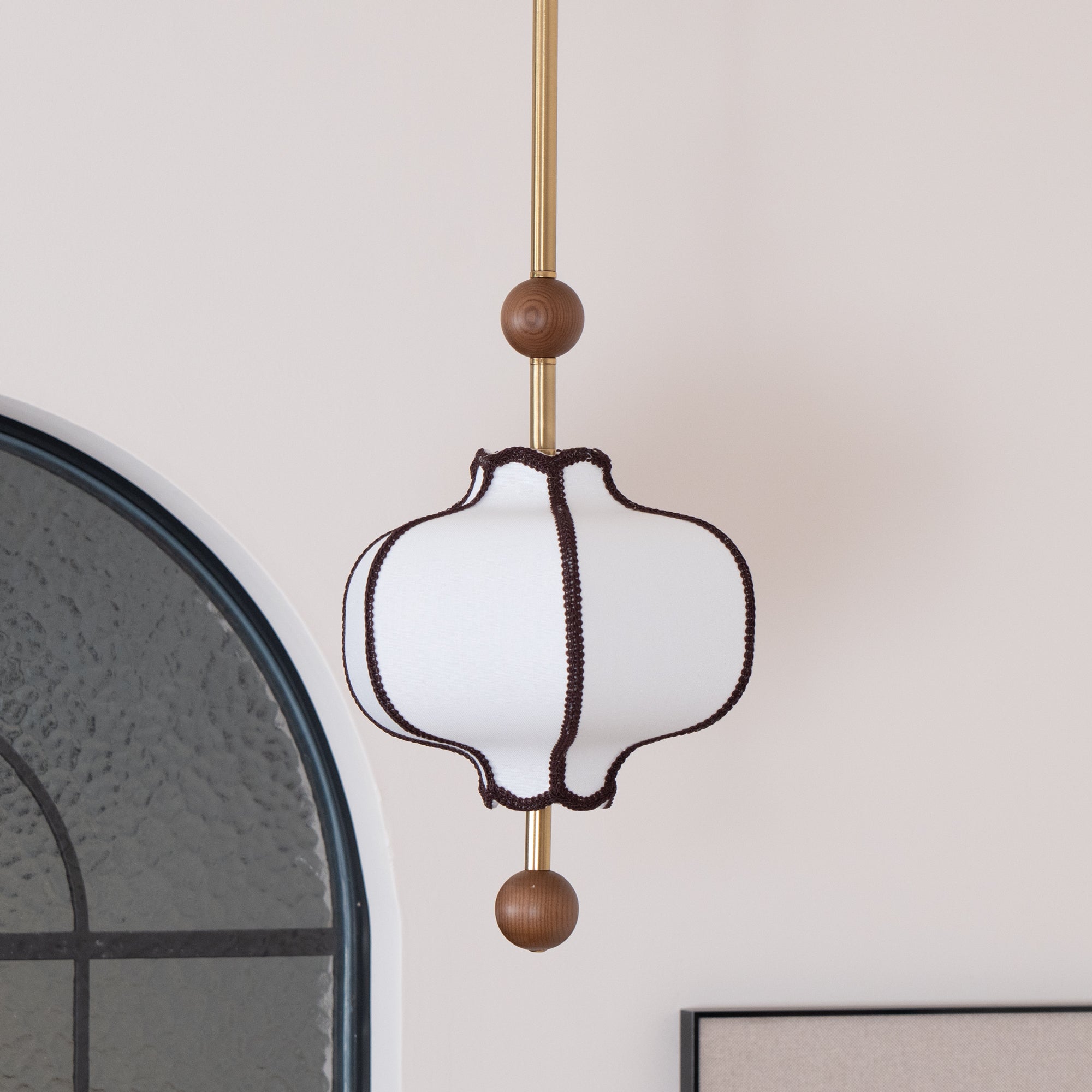 Modern Fabric Lantern Houselight Pendant Lamp with Walnut Wood Trim and White Shade