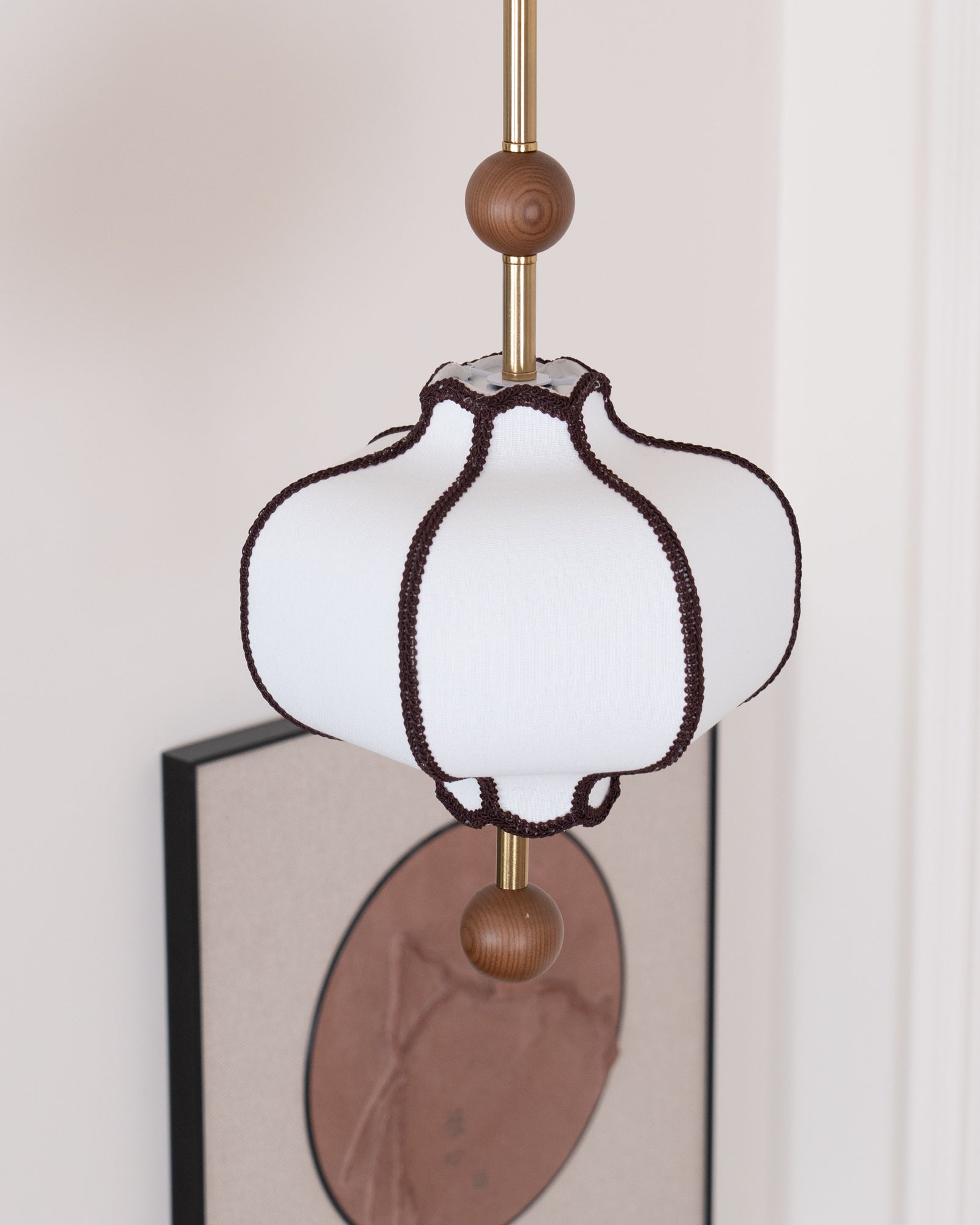 Modern Fabric Lantern Houselight Pendant Lamp with Walnut Wood Trim and White Shade