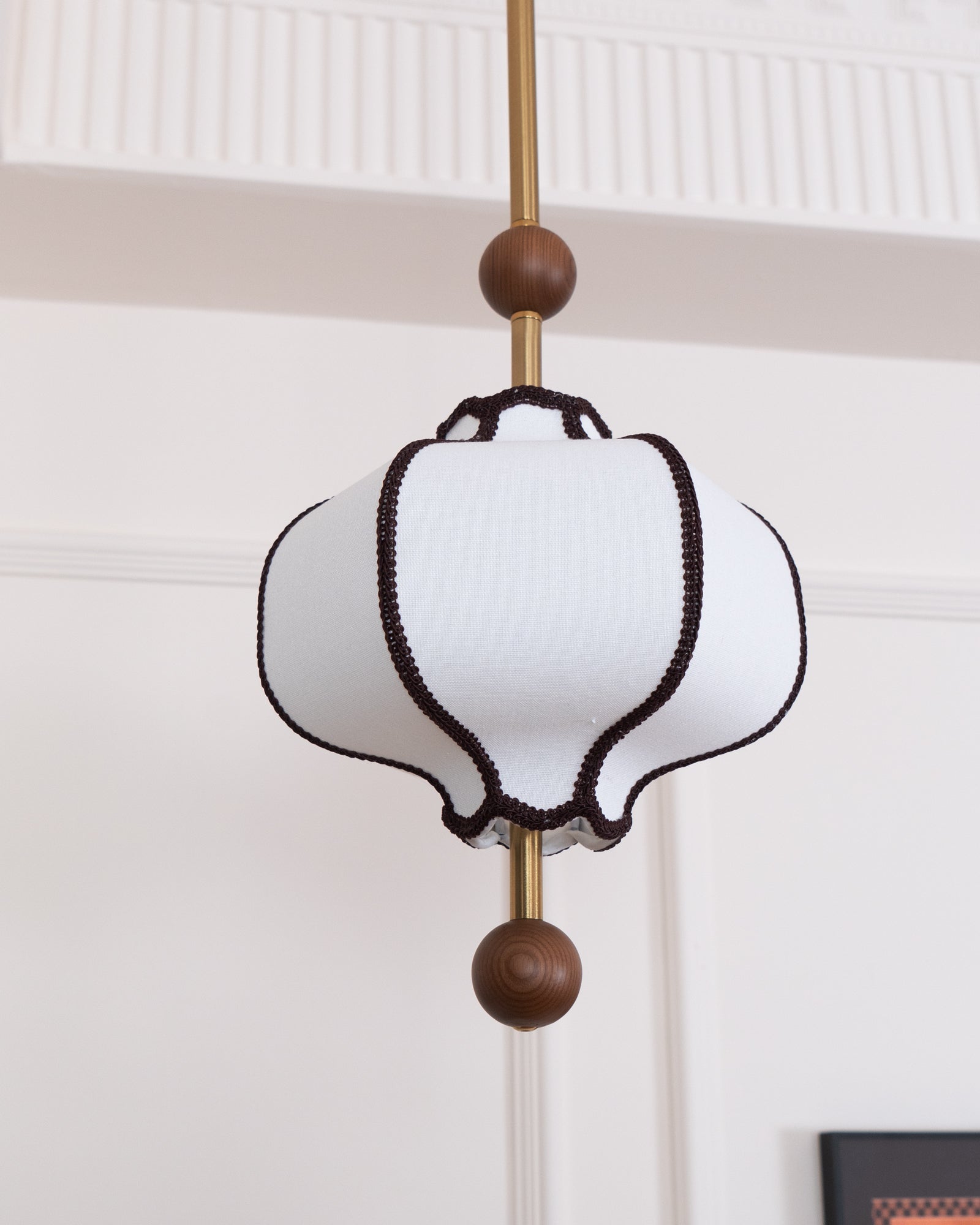 Modern Fabric Lantern Houselight Pendant Lamp with Walnut Wood Trim and White Shade