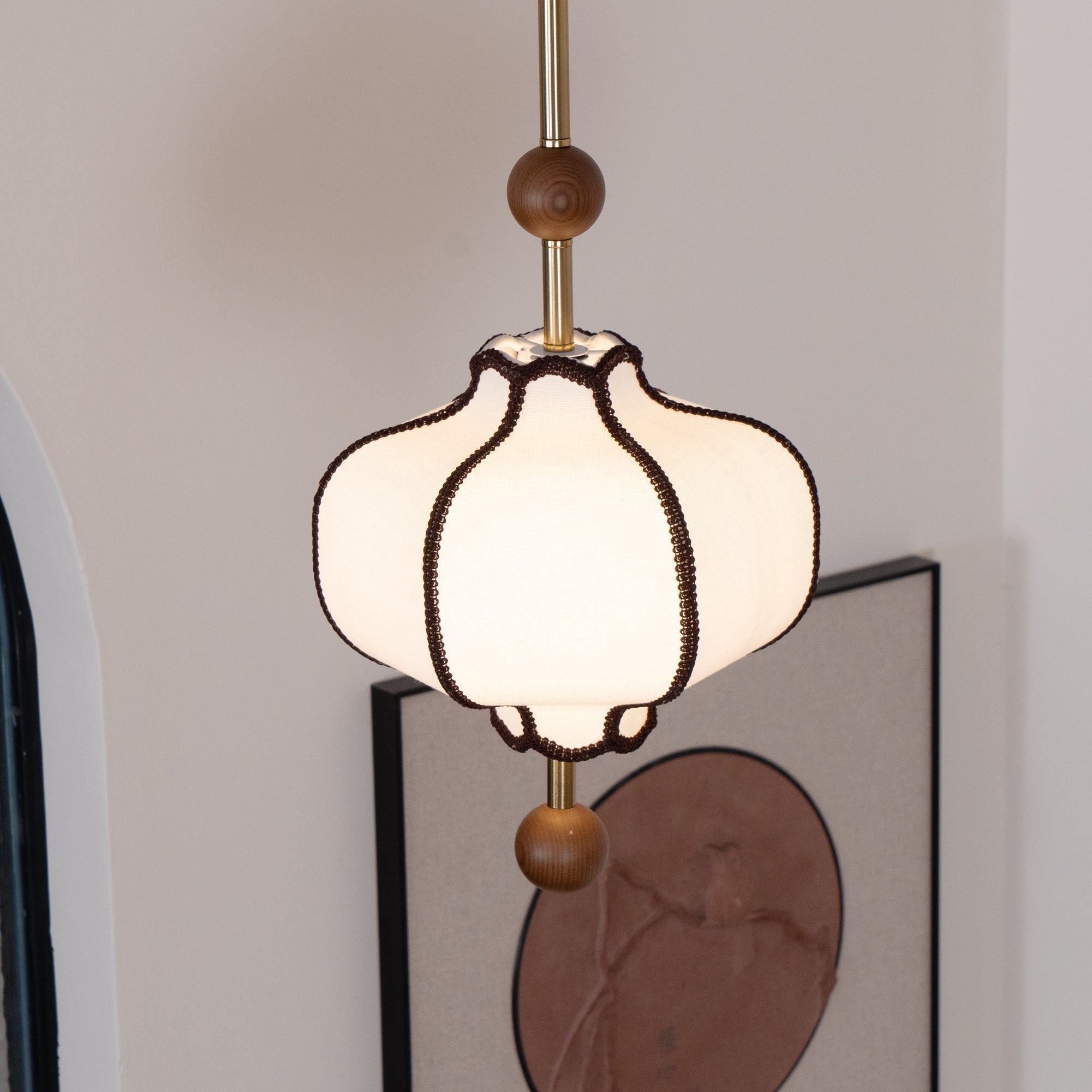 Modern Fabric Lantern Houselight Pendant Lamp with Walnut Wood Trim and White Shade