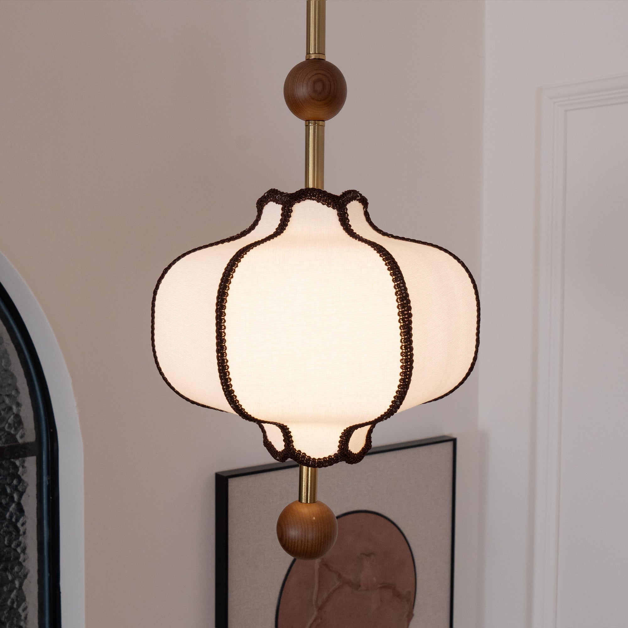 Modern Fabric Lantern Houselight Pendant Lamp with Walnut Wood Trim and White Shade
