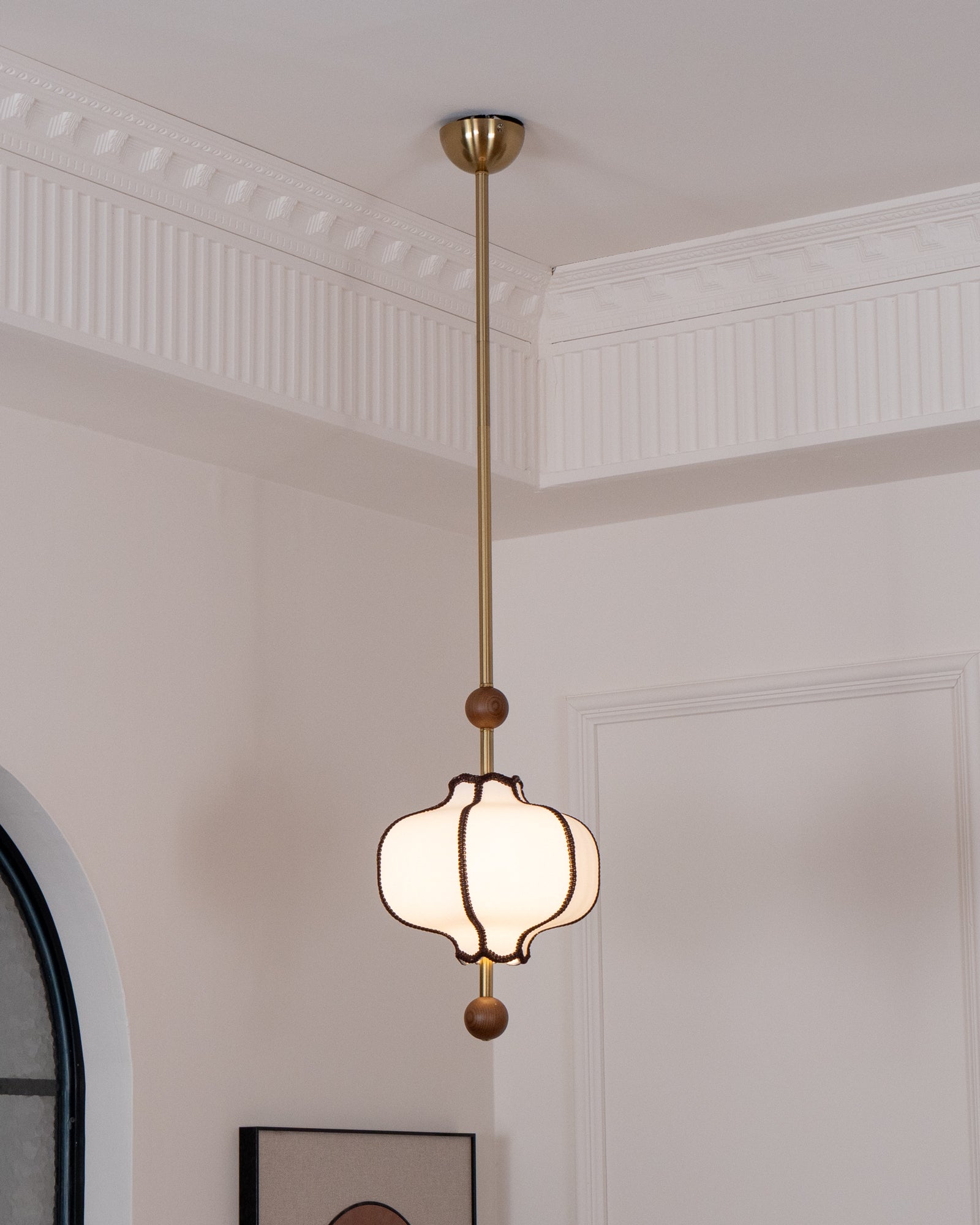 Modern Fabric Lantern Houselight Pendant Lamp with Walnut Wood Trim and White Shade
