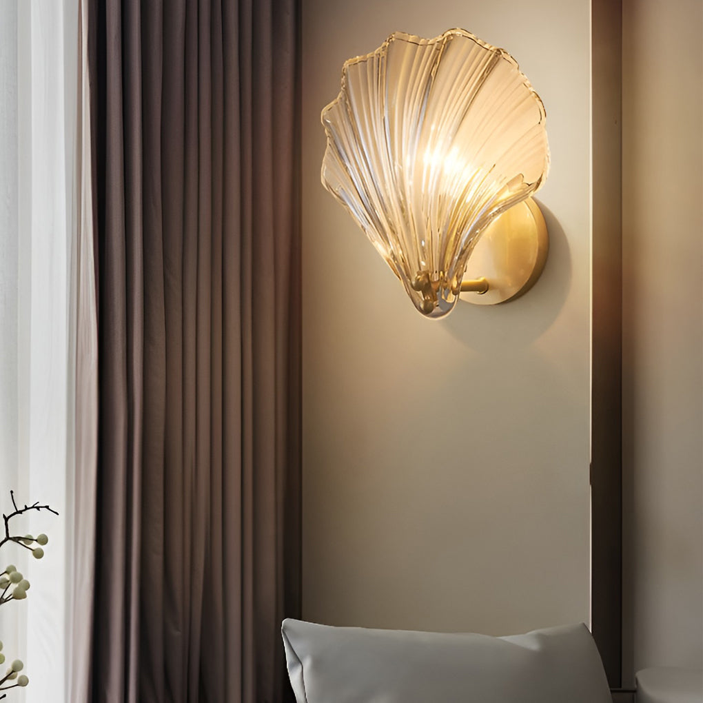 Modern Fan Shaped Ribbed Glass Wall Sconce Brass LED Bedside Lamp with 3 Step Dimming
