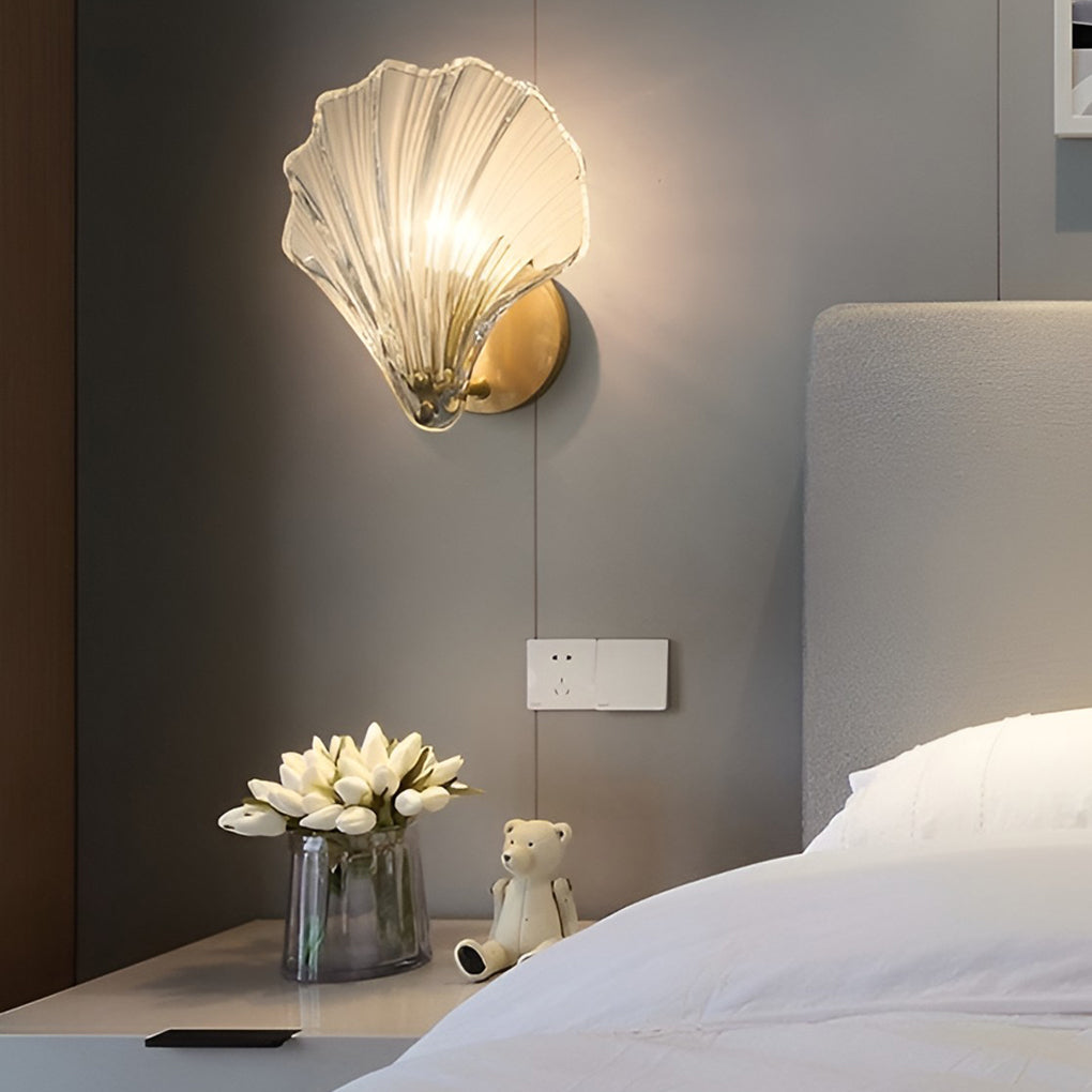 Modern Fan Shaped Ribbed Glass Wall Sconce Brass LED Bedside Lamp with 3 Step Dimming