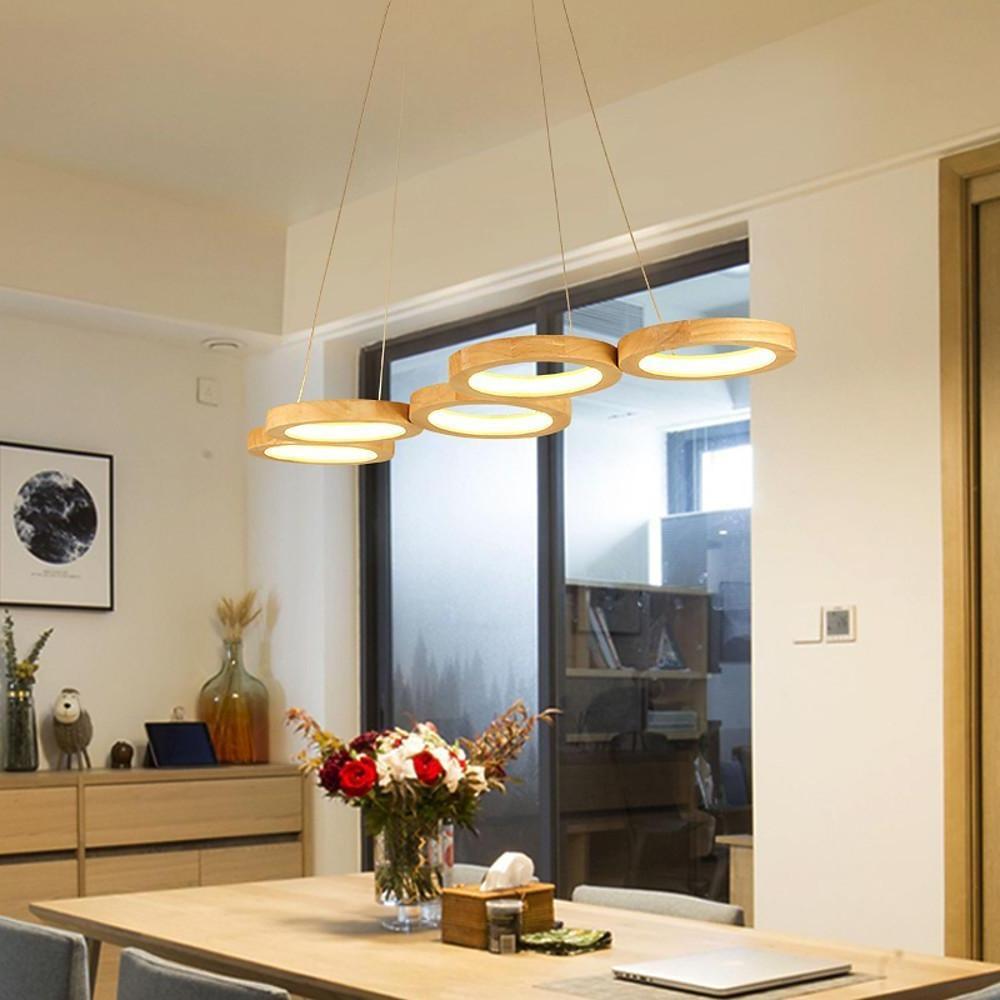 Modern Farmhouse Rustic Wood LED Ring Pendant Light for Kitchen Island and Dining Room Chandelier