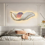 Modern Feather Painting Wall Clock LED Lamp Decorative Hanging Art for Living Room