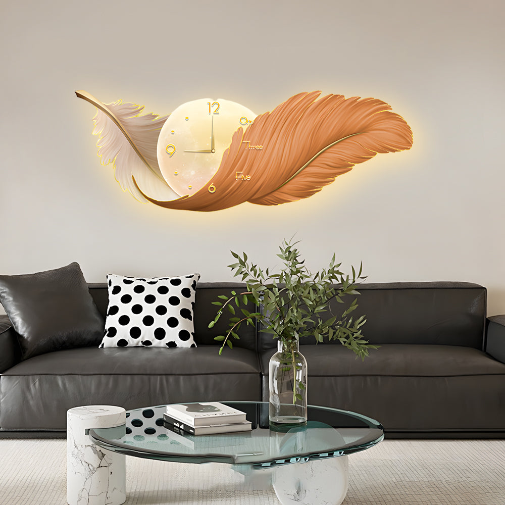 Modern Feather Painting Wall Clock LED Lamp Decorative Hanging Art for Living Room