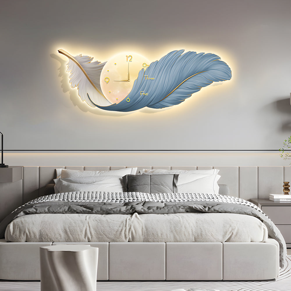 Modern Feather Painting Wall Clock LED Lamp Decorative Hanging Art for Living Room