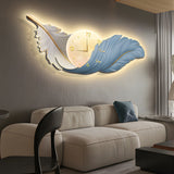 Modern Feather Painting Wall Clock LED Lamp Decorative Hanging Art for Living Room