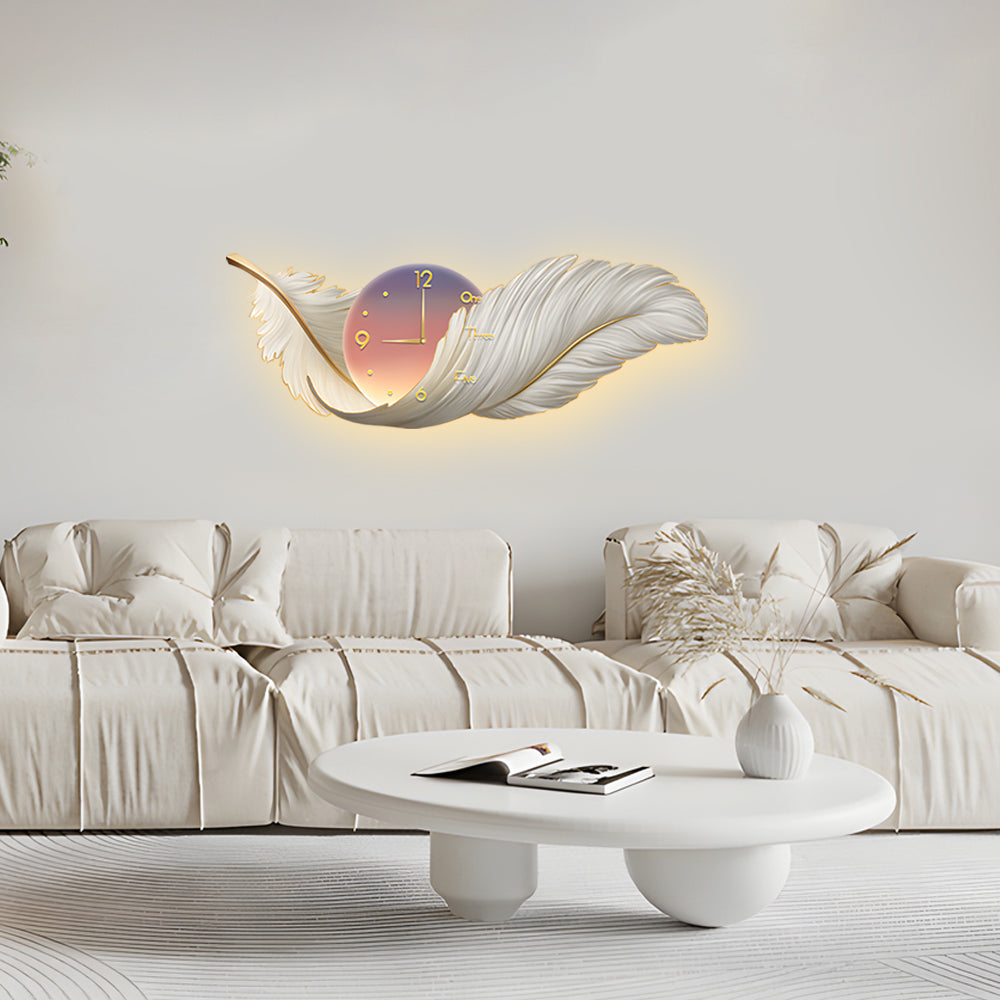 Modern Feather Painting Wall Clock LED Lamp Decorative Hanging Art for Living Room