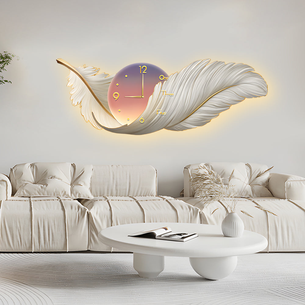 Modern Feather Painting Wall Clock LED Lamp Decorative Hanging Art for Living Room