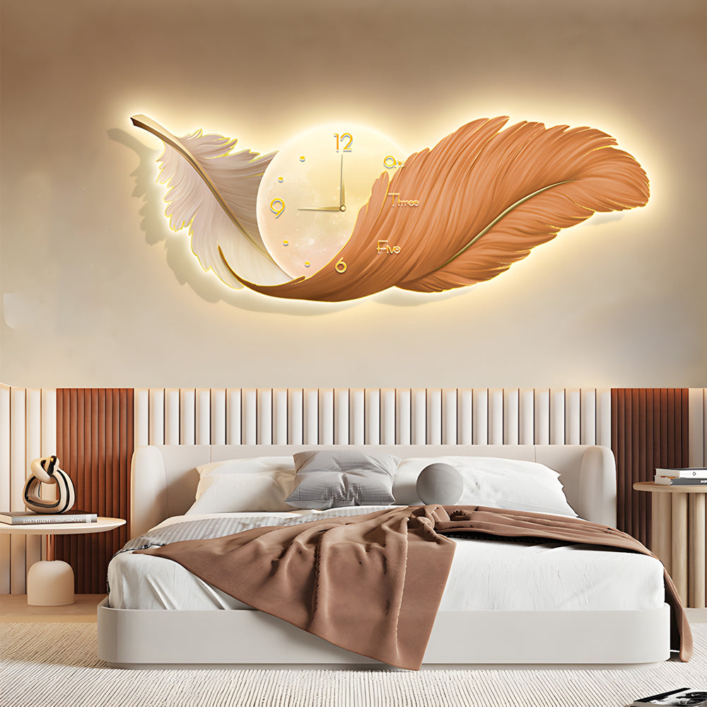 Modern Feather Painting Wall Clock LED Lamp Decorative Hanging Art for Living Room