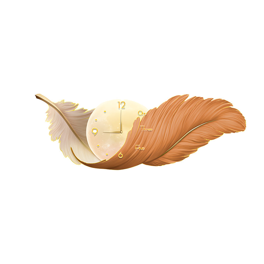 Modern Feather Painting Wall Clock LED Lamp Decorative Hanging Art for Living Room