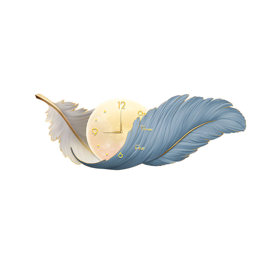 Modern Feather Painting Wall Clock LED Lamp Decorative Hanging Art for Living Room