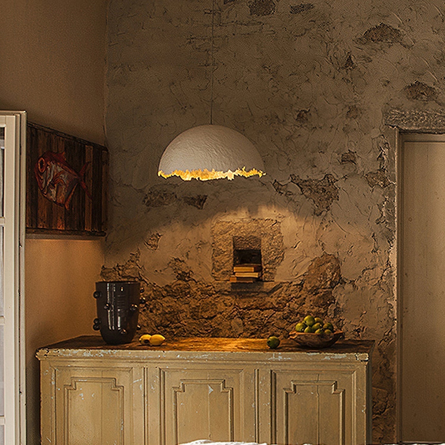Modern Fiberglass Dome Pendant Light with Jagged Edges and Gold Interior Finish