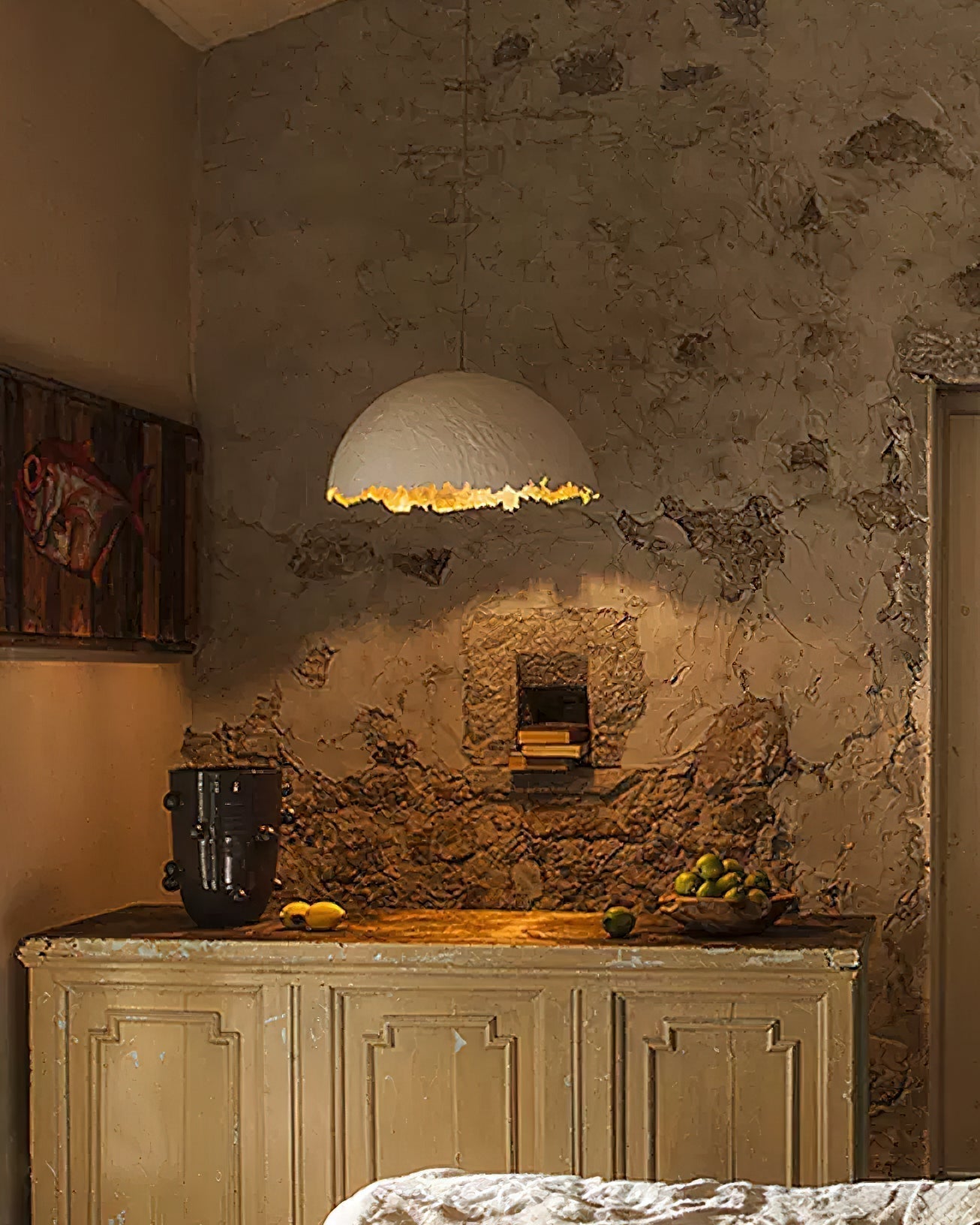 Modern Fiberglass Dome Pendant Light with Jagged Edges and Gold Interior Finish
