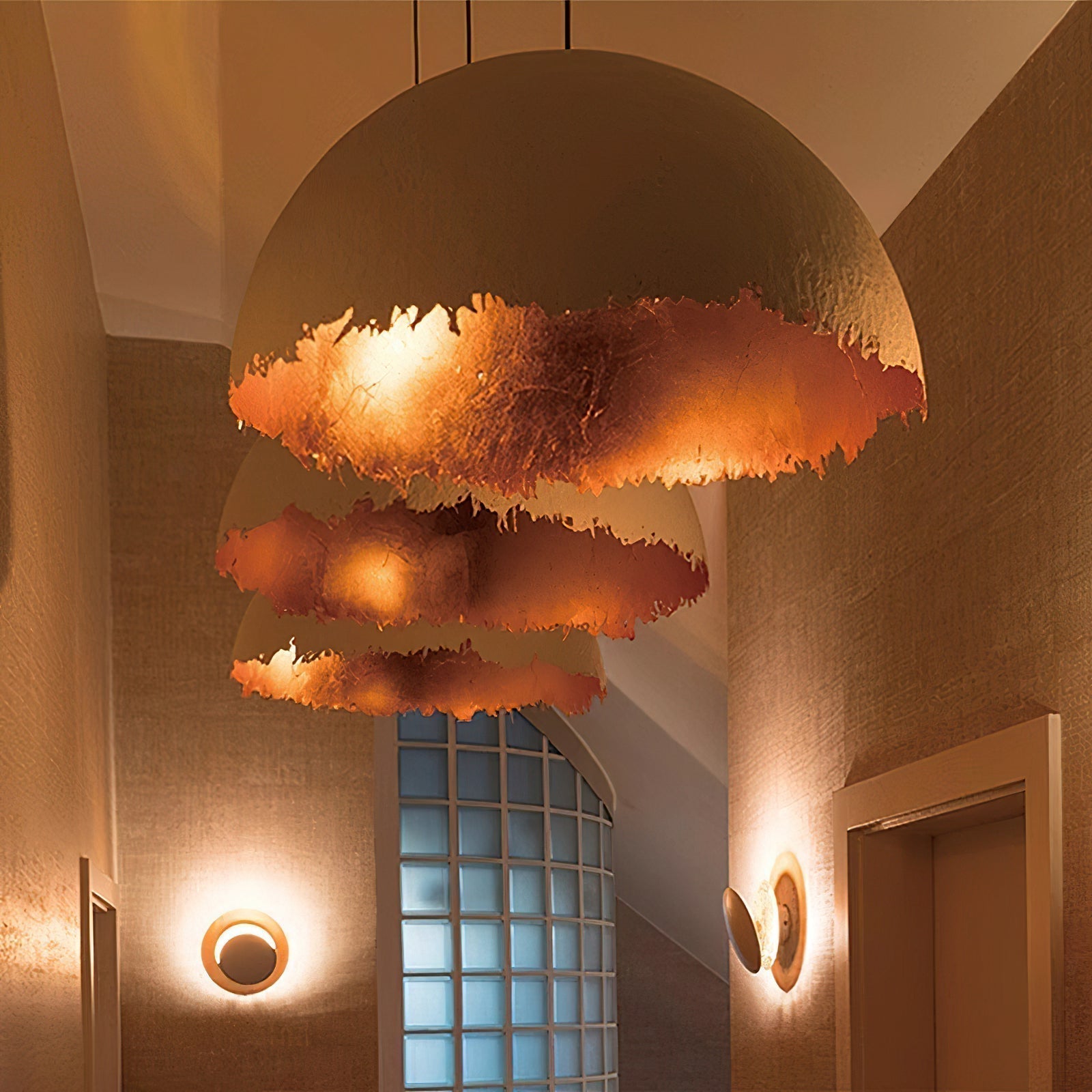 Modern Fiberglass Dome Pendant Light with Jagged Edges and Gold Interior Finish