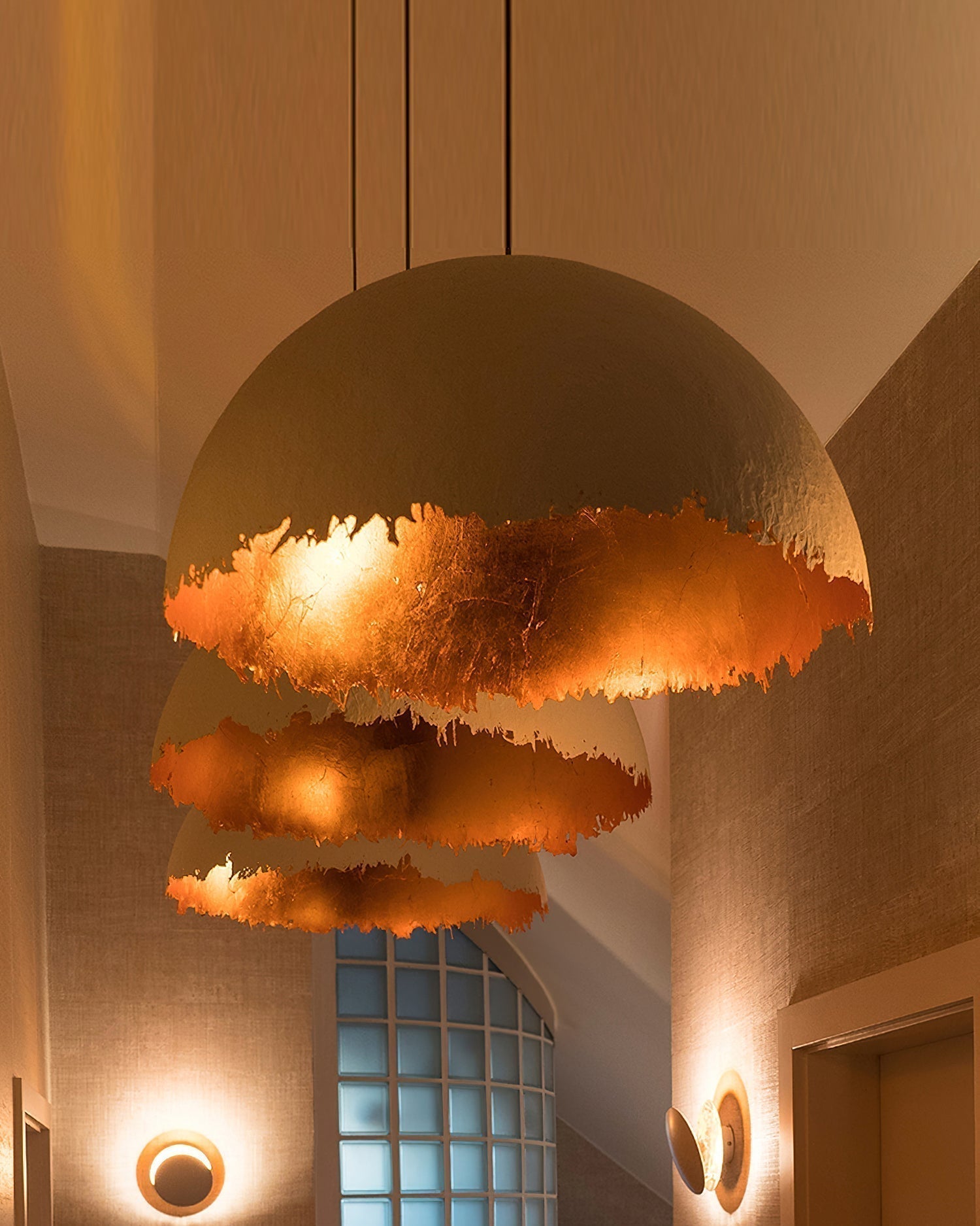 Modern Fiberglass Dome Pendant Light with Jagged Edges and Gold Interior Finish
