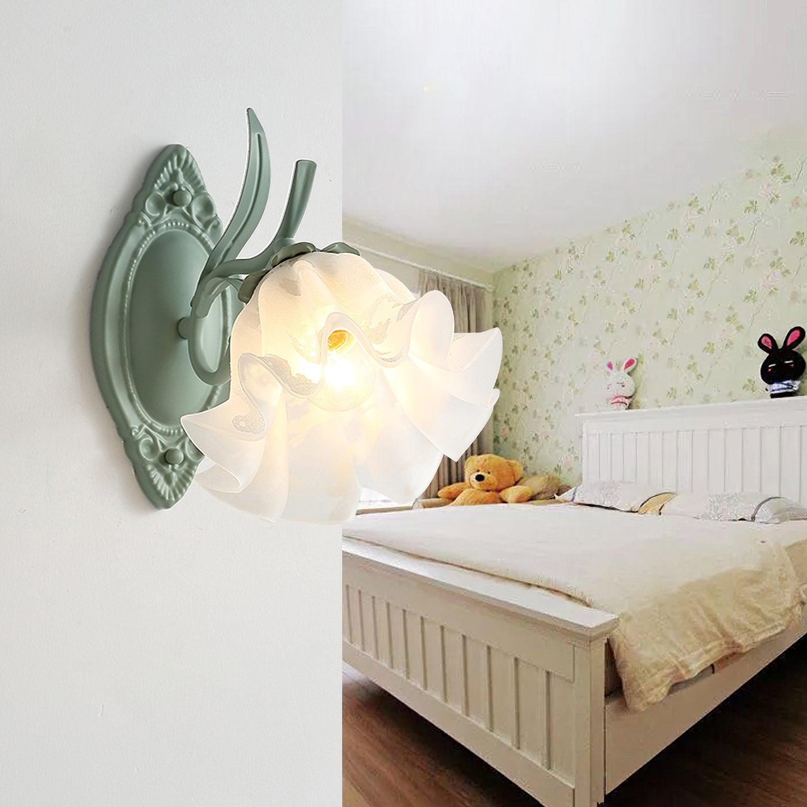 Modern Floral Blossom Glass Wall Sconce Set of Two Green Metal Petal Wall Lamp for Indoor Living