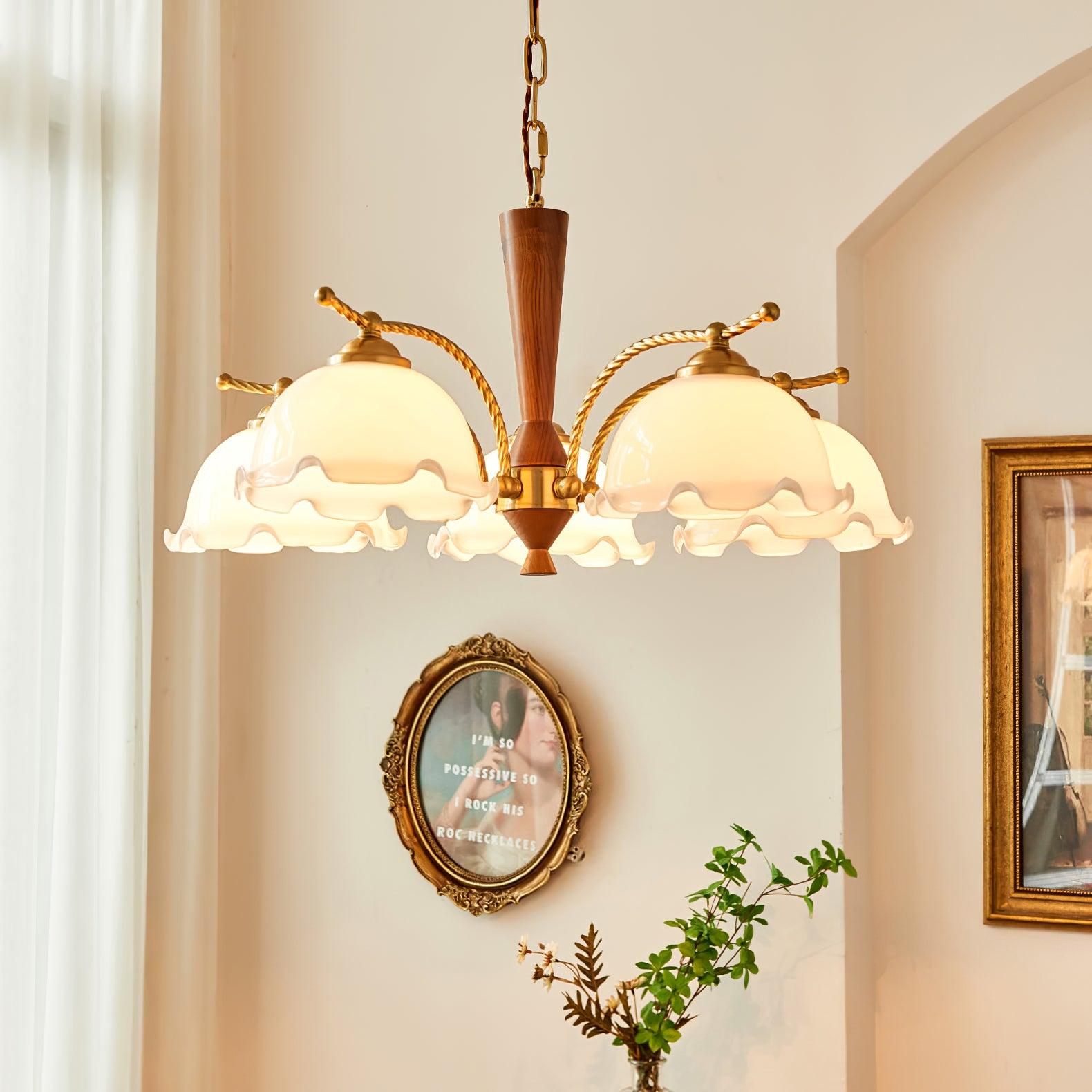 Modern Floral Glass Chandelier with Brass and Walnut Wood Finish