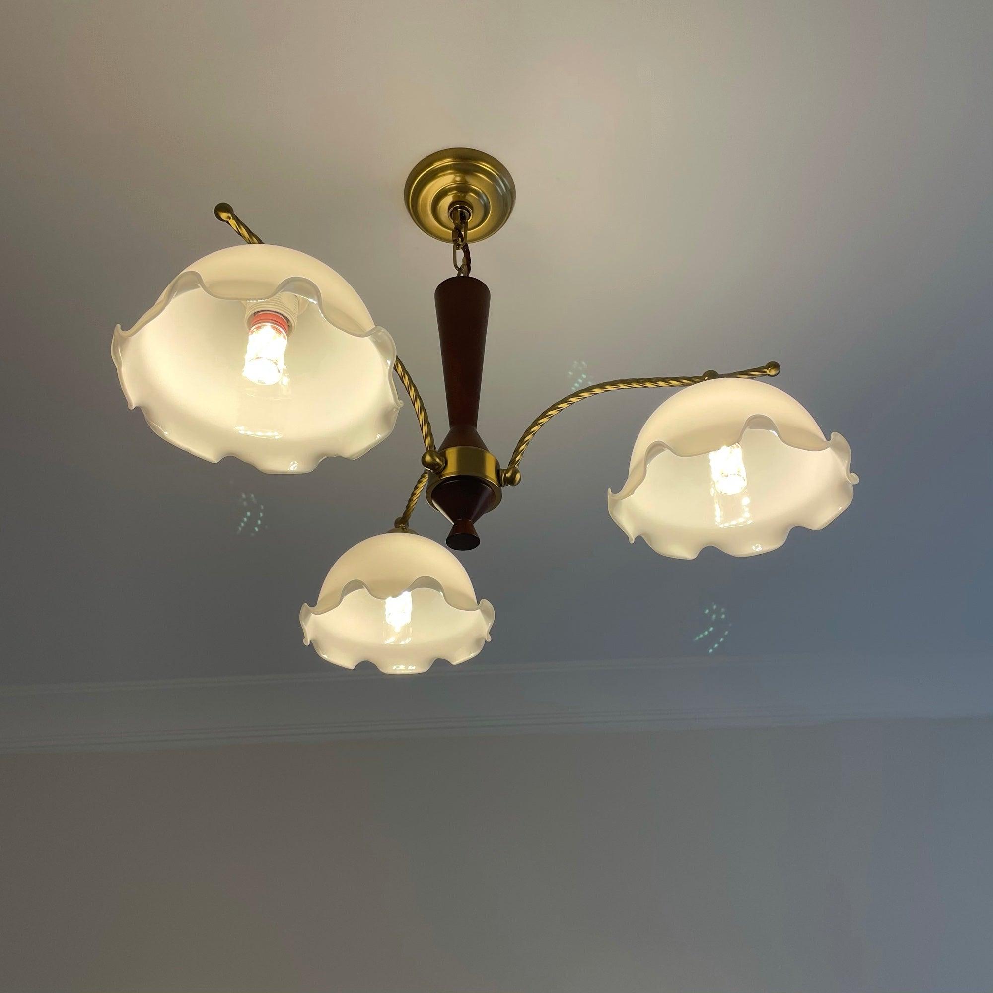 Modern Floral Glass Chandelier with Brass and Walnut Wood Finish