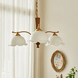 Modern Floral Glass Chandelier with Brass and Walnut Wood Finish