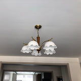 Modern Floral Glass Chandelier with Brass and Walnut Wood Finish
