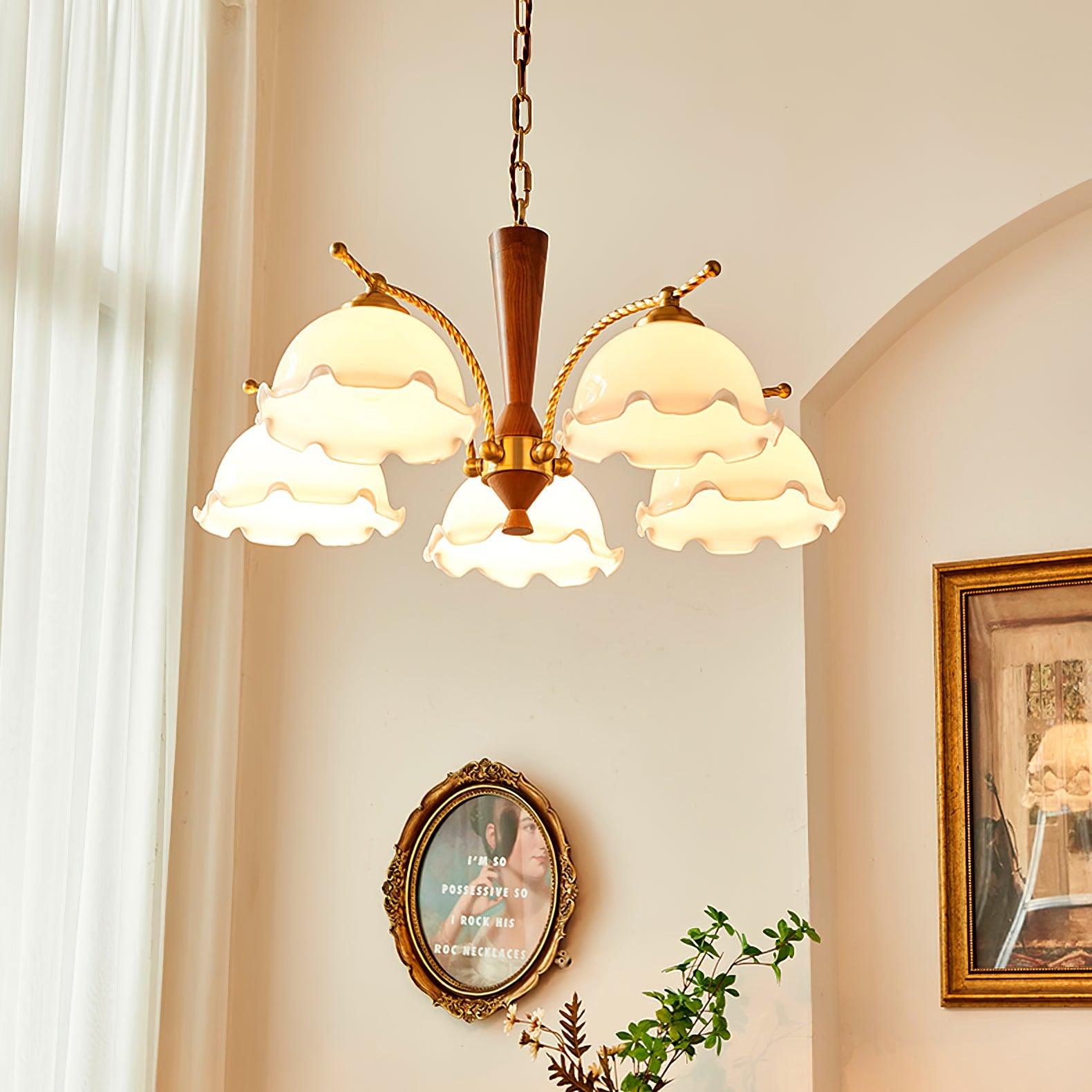 Modern Floral Glass Chandelier with Brass and Walnut Wood Finish