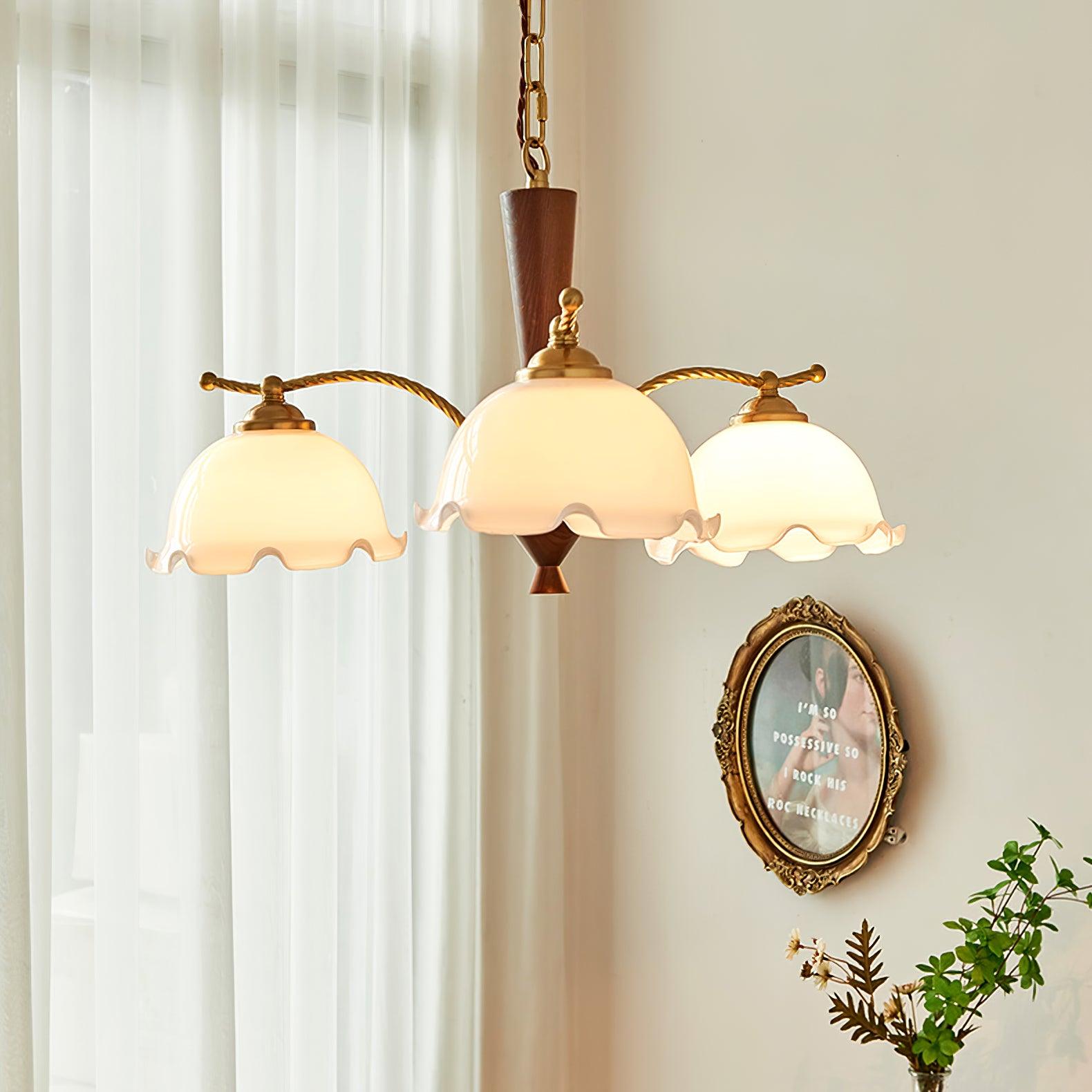 Modern Floral Glass Chandelier with Brass and Walnut Wood Finish