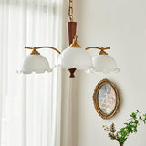 Modern Floral Glass Chandelier with Brass and Walnut Wood Finish