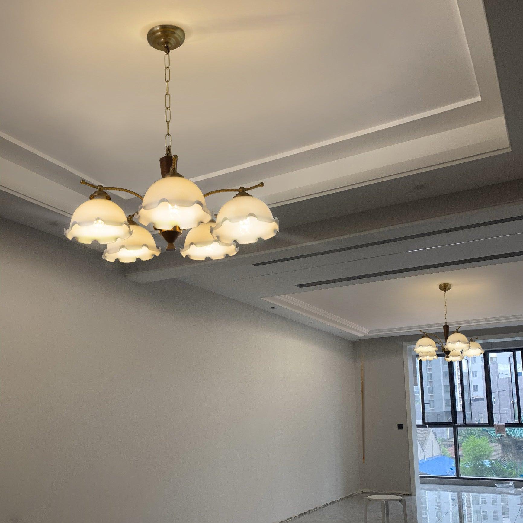 Modern Floral Glass Chandelier with Brass and Walnut Wood Finish