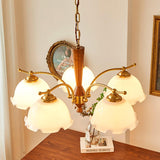 Modern Floral Glass Chandelier with Brass and Walnut Wood Finish