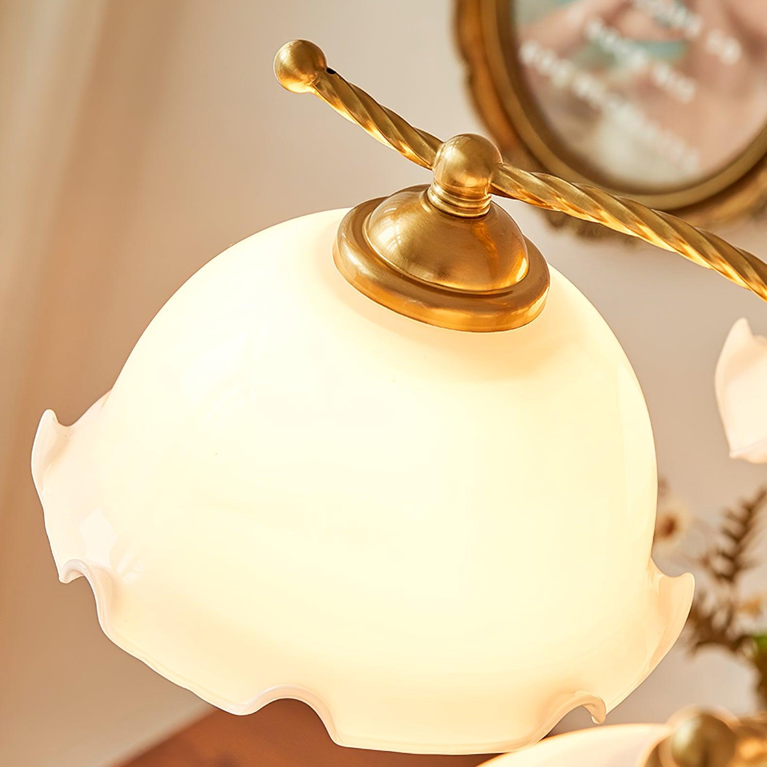 Modern Floral Glass Chandelier with Brass and Walnut Wood Finish