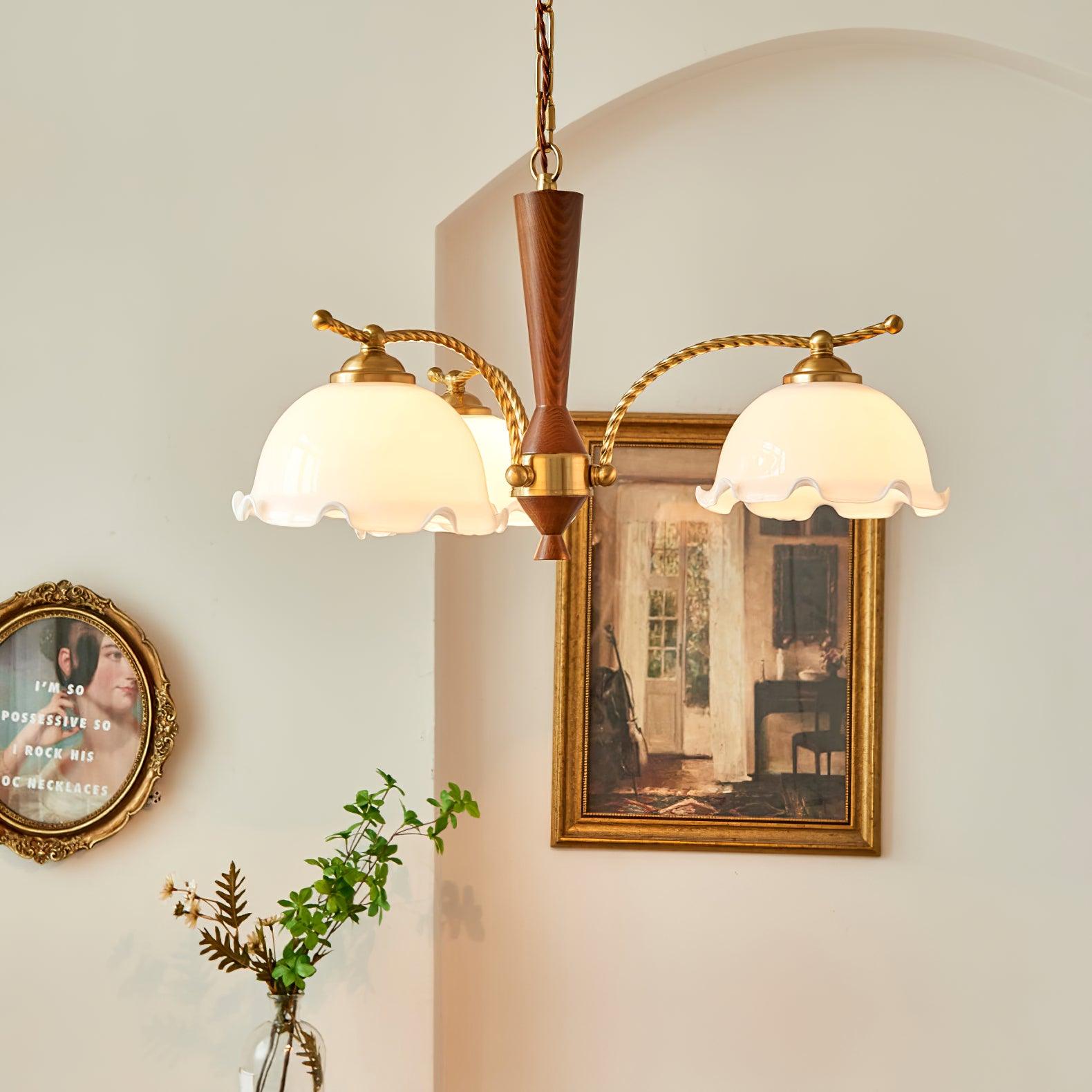 Modern Floral Glass Chandelier with Brass and Walnut Wood Finish