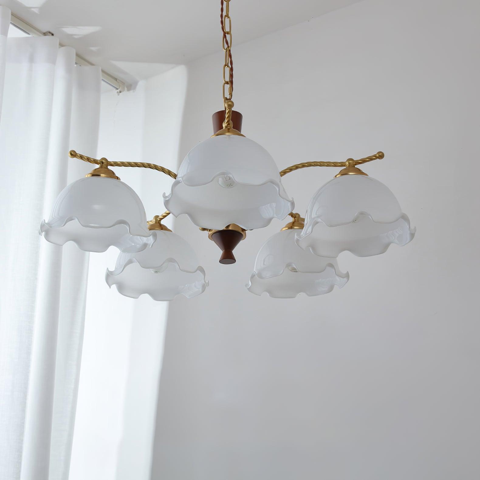 Modern Floral Glass Chandelier with Brass and Walnut Wood Finish