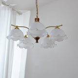 Modern Floral Glass Chandelier with Brass and Walnut Wood Finish