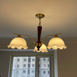 Modern Floral Glass Chandelier with Brass and Walnut Wood Finish