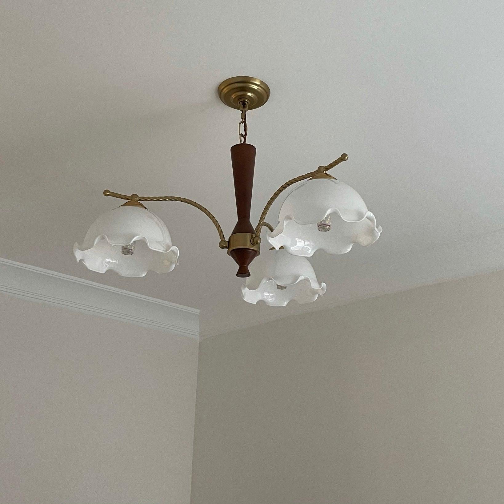 Modern Floral Glass Chandelier with Brass and Walnut Wood Finish
