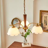 Modern Floral Glass Chandelier with Brass and Walnut Wood Finish