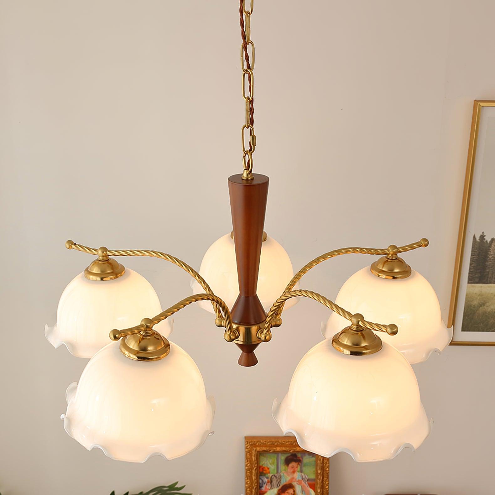 Modern Floral Glass Chandelier with Brass and Walnut Wood Finish