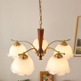 Modern Floral Glass Chandelier with Brass and Walnut Wood Finish