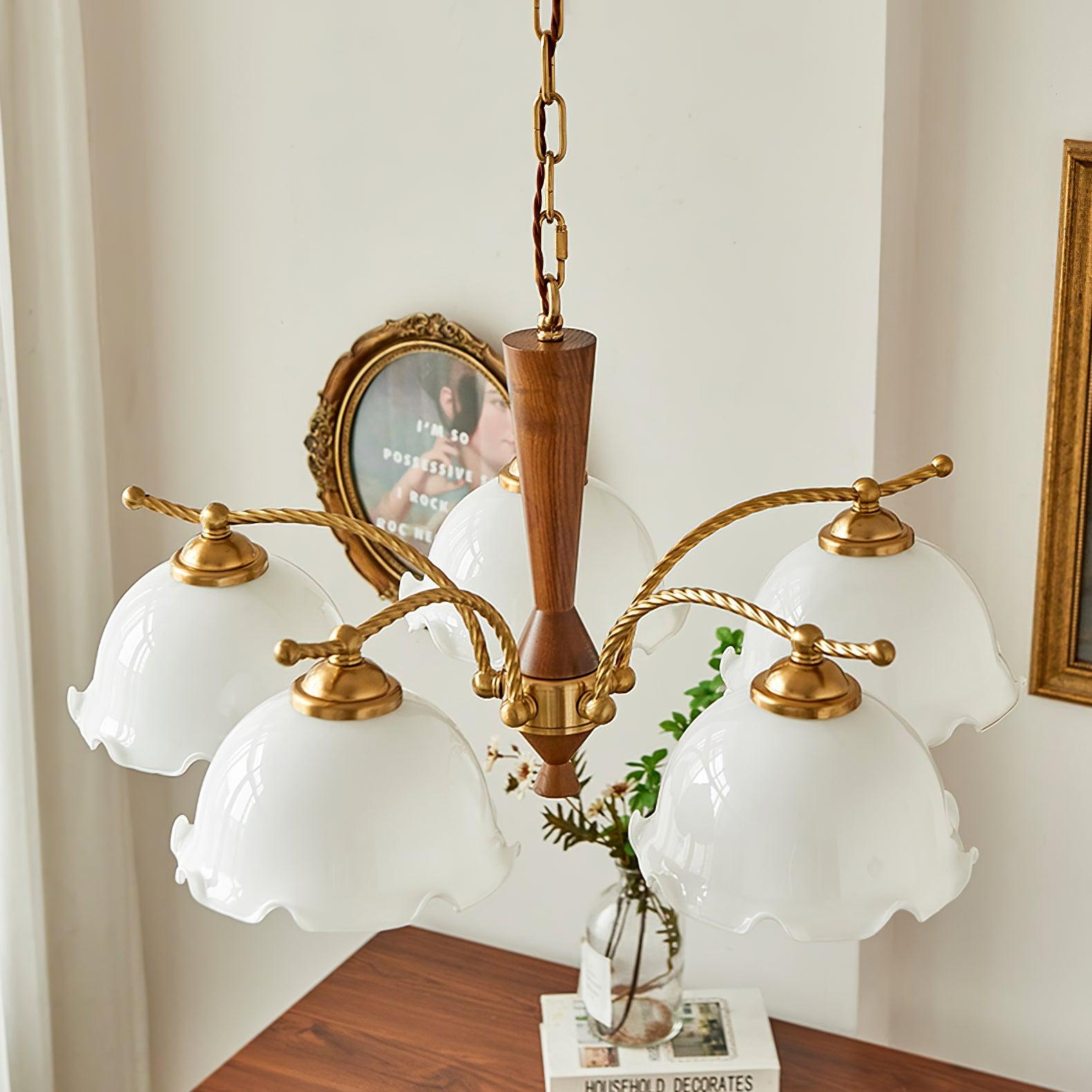 Modern Floral Glass Chandelier with Brass and Walnut Wood Finish