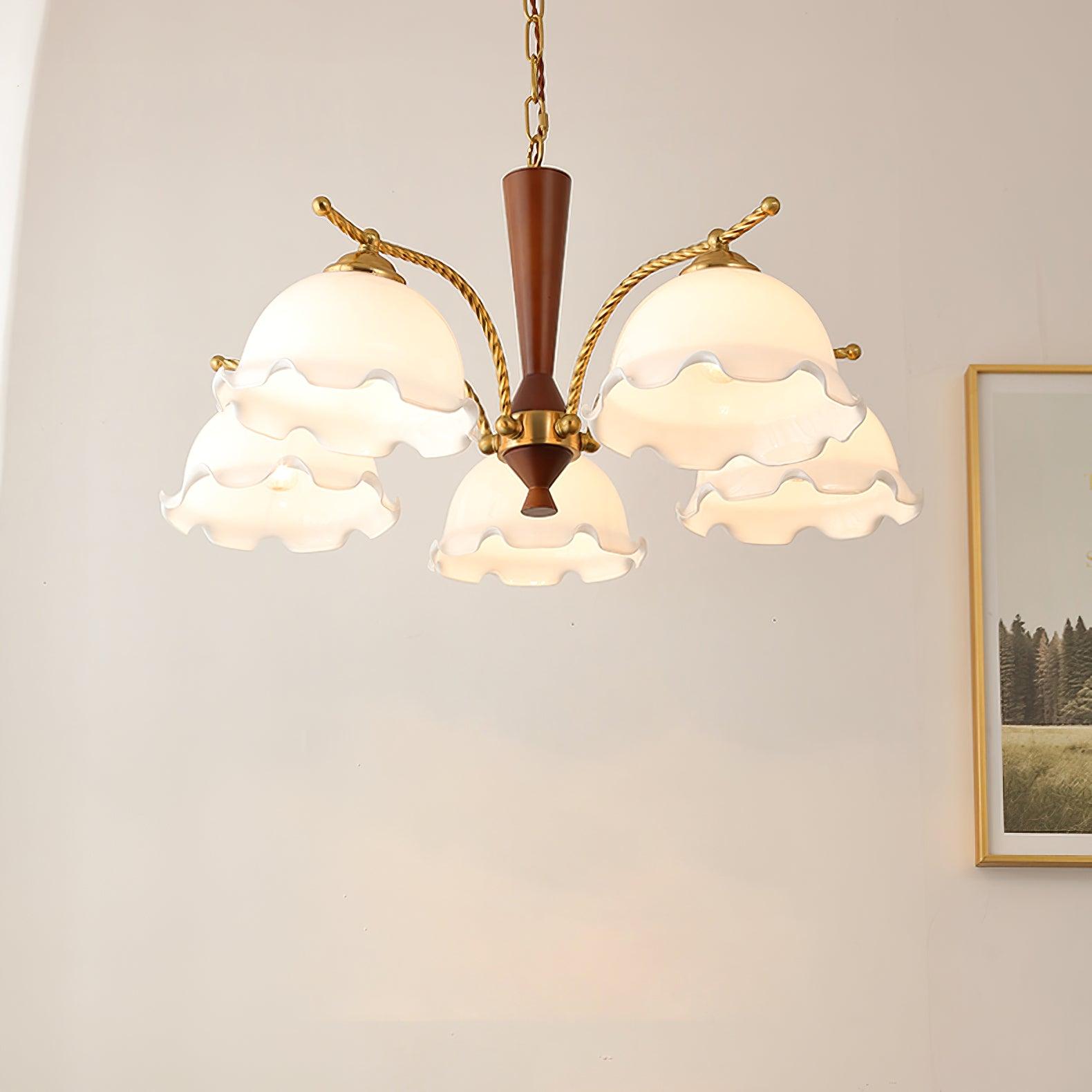 Modern Floral Glass Chandelier with Brass and Walnut Wood Finish
